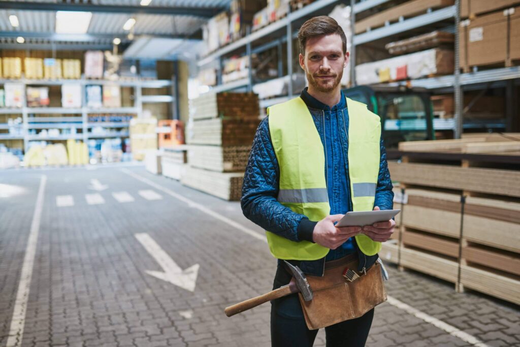 Handsome young handyman or warehouse supervisor standing amongst the building supplies with a tablet in his hand smiling at the camera