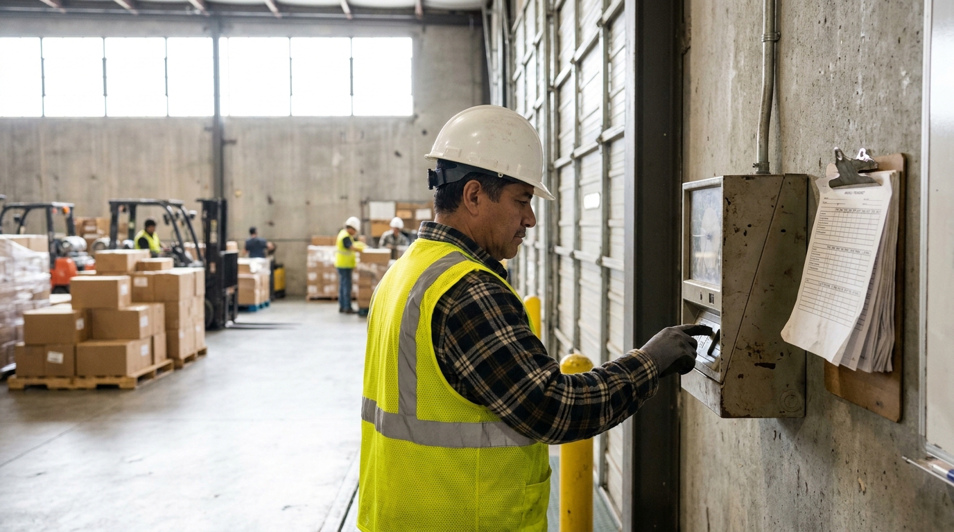 warehouse worker in hard hat and safety vest operating wall-mounted control panel