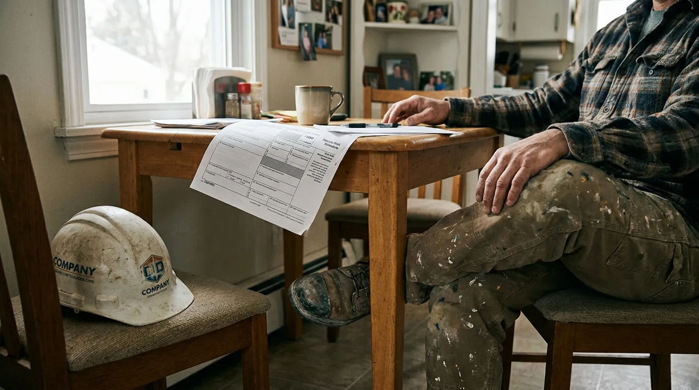 construction worker in work-worn clothes reviewing documents at kitchen table with hard hat nearby