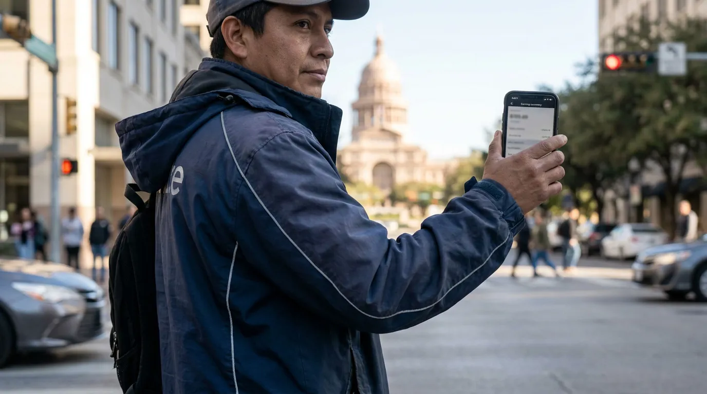 gig worker holding smartphone displaying earnings summary screen near state capitol building