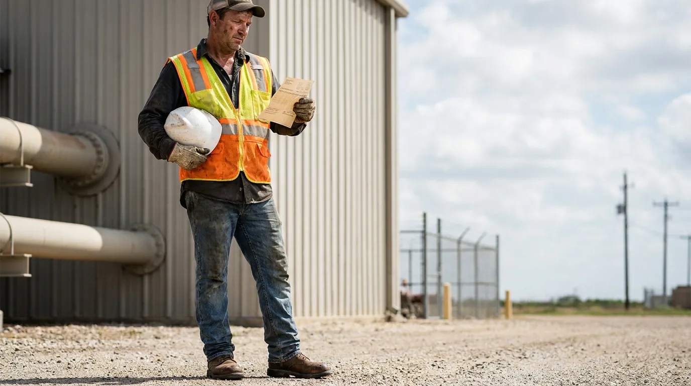 construction worker in safety vest holding hard hat and document at industrial site