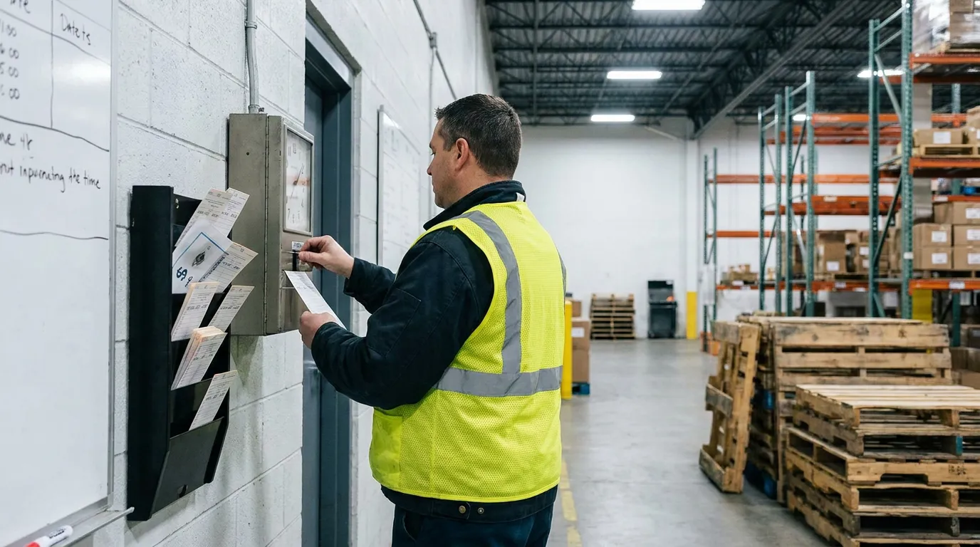 warehouse worker in safety vest punching time clock holding documents