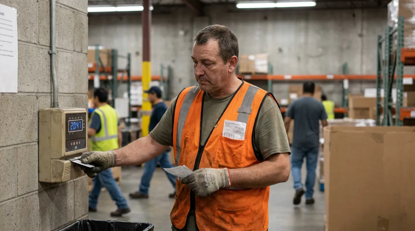 warehouse worker in safety vest clocking in at digital time clock