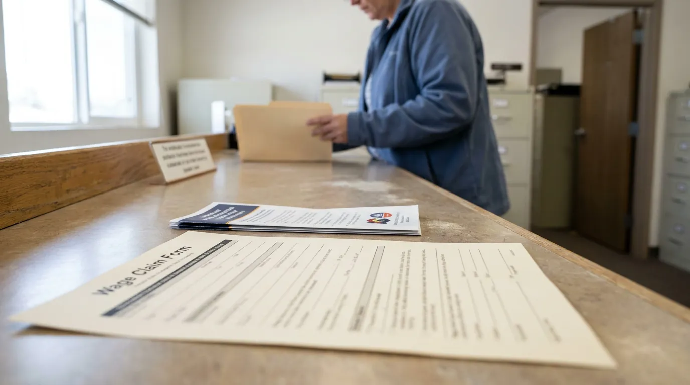 Wage Claim Form on office counter with person reviewing documents in background