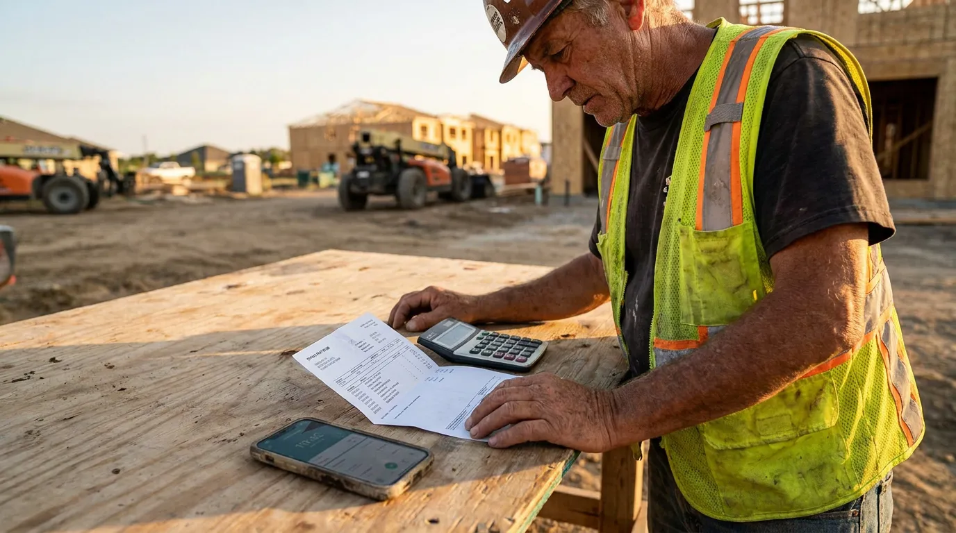 construction worker in hard hat reviewing documents with calculator at job site
