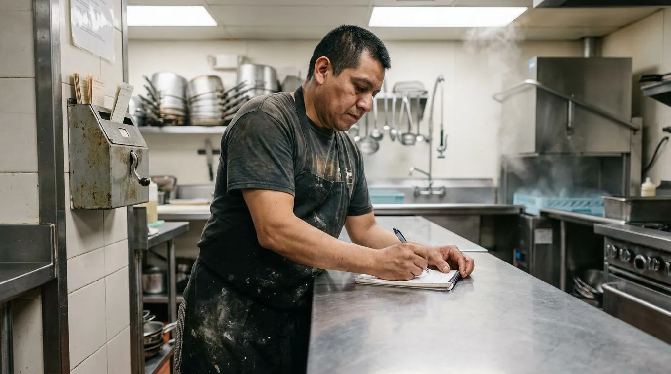 restaurant kitchen worker in apron writing notes on spiral notebook at steel counter