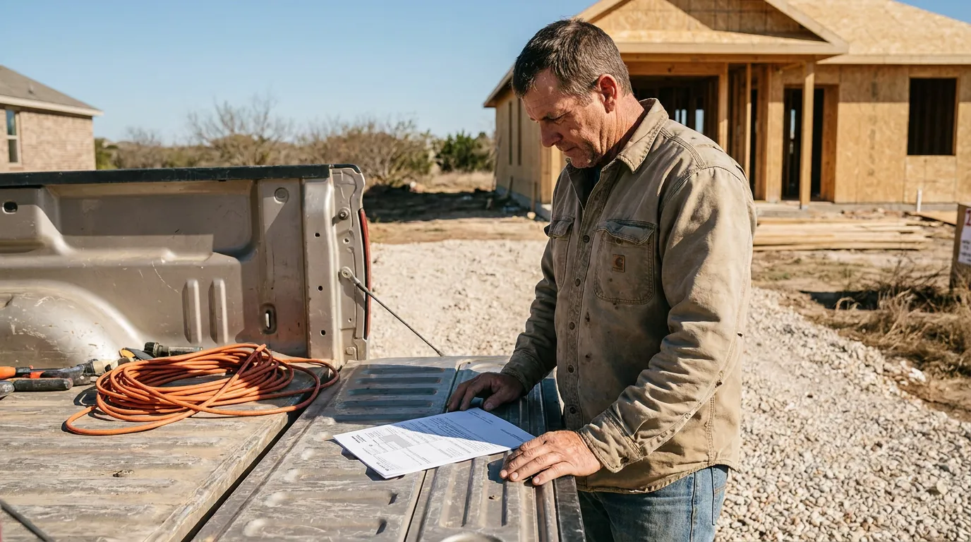 contractor reviewing documents on truck tailgate at residential construction site