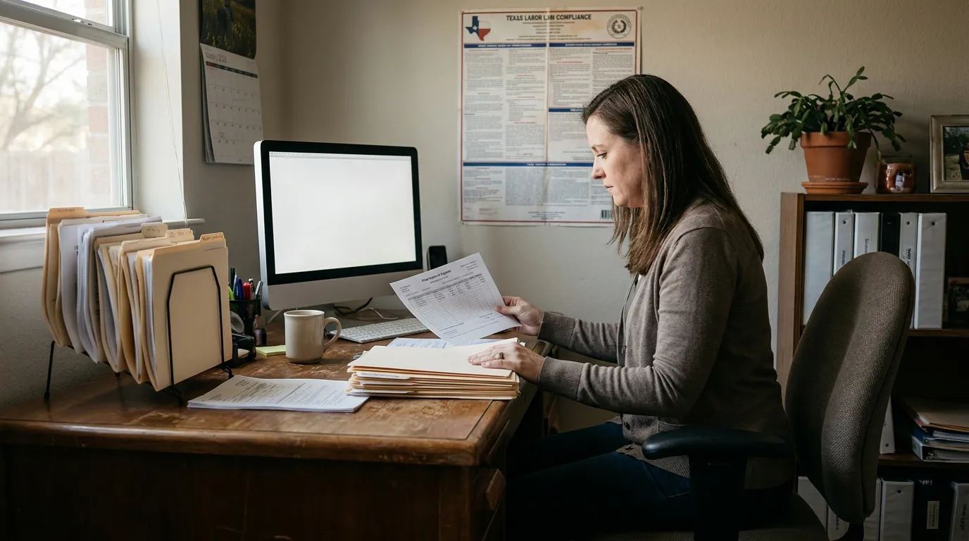 woman reviewing documents at desk with Texas Labor Law Compliance poster on wall
