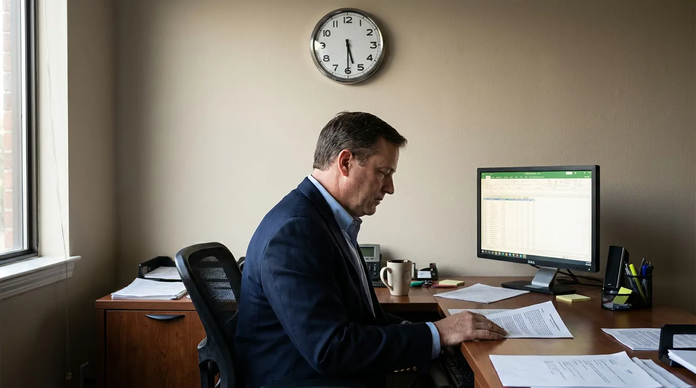 attorney reviewing printed legal documents at desk with spreadsheet on monitor