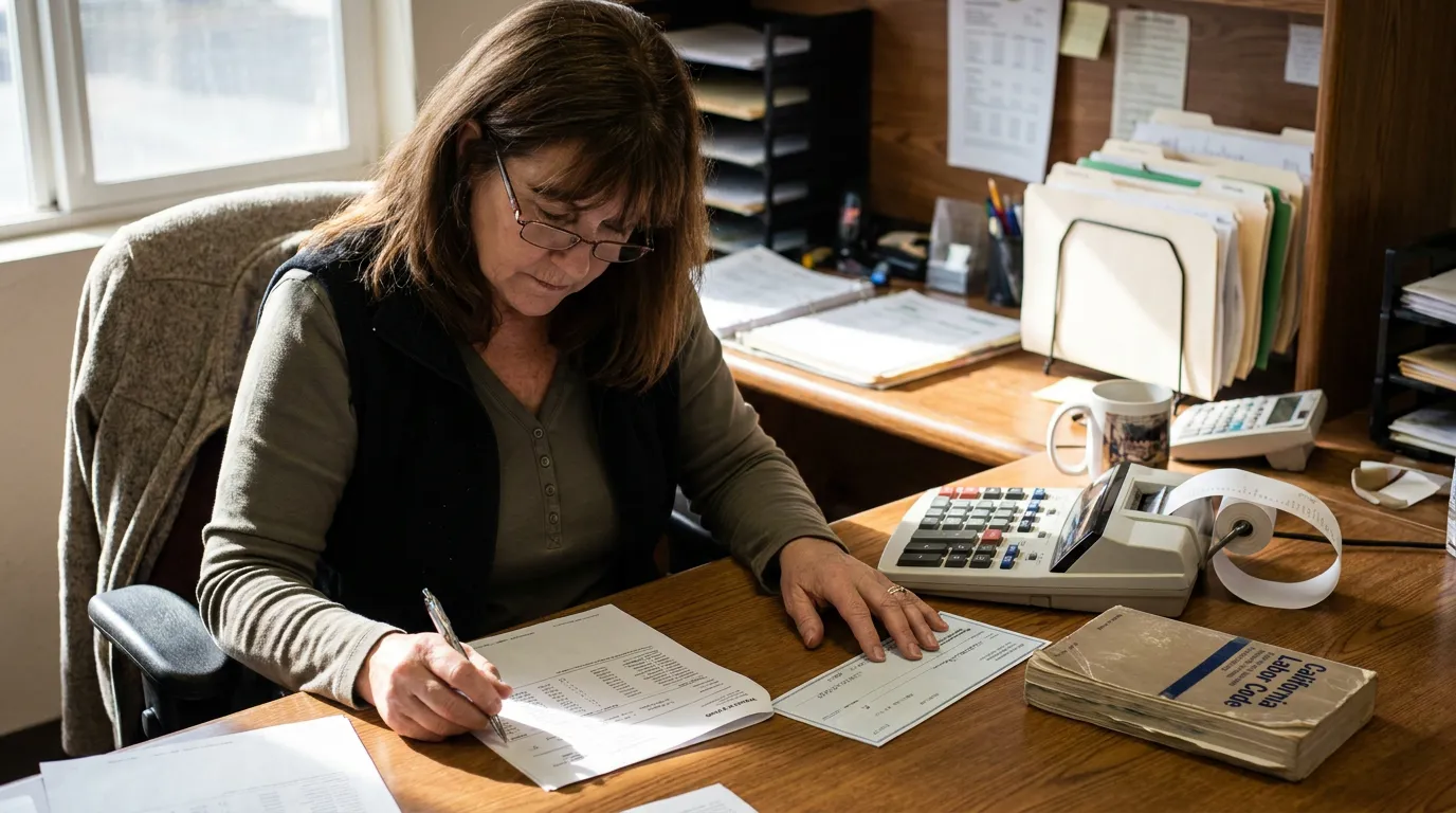 woman reviewing documents at desk beside California Labor Code book and calculator