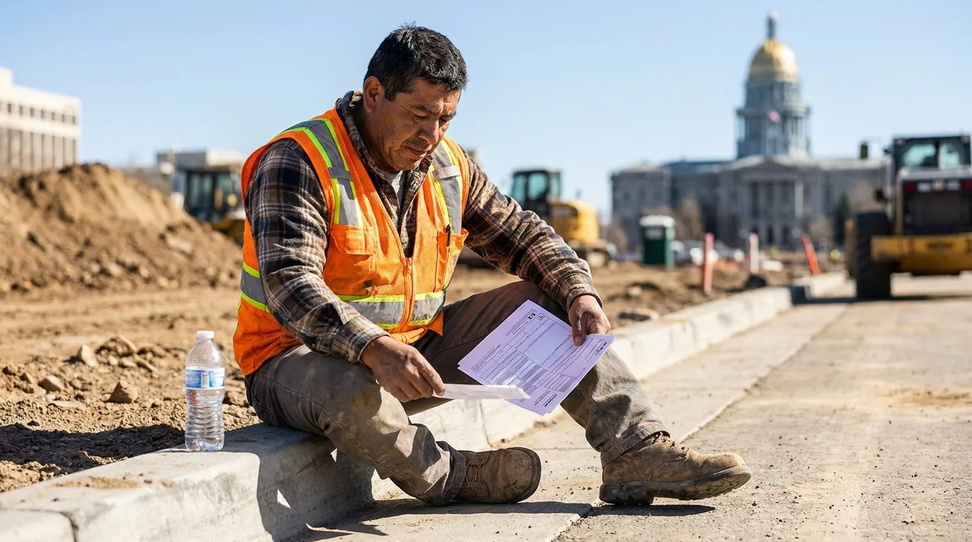 construction worker in safety vest reviewing document at active job site
