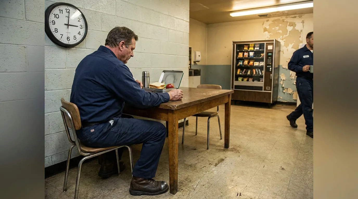 worker in uniform eating lunch at table in industrial break room with vending machine
