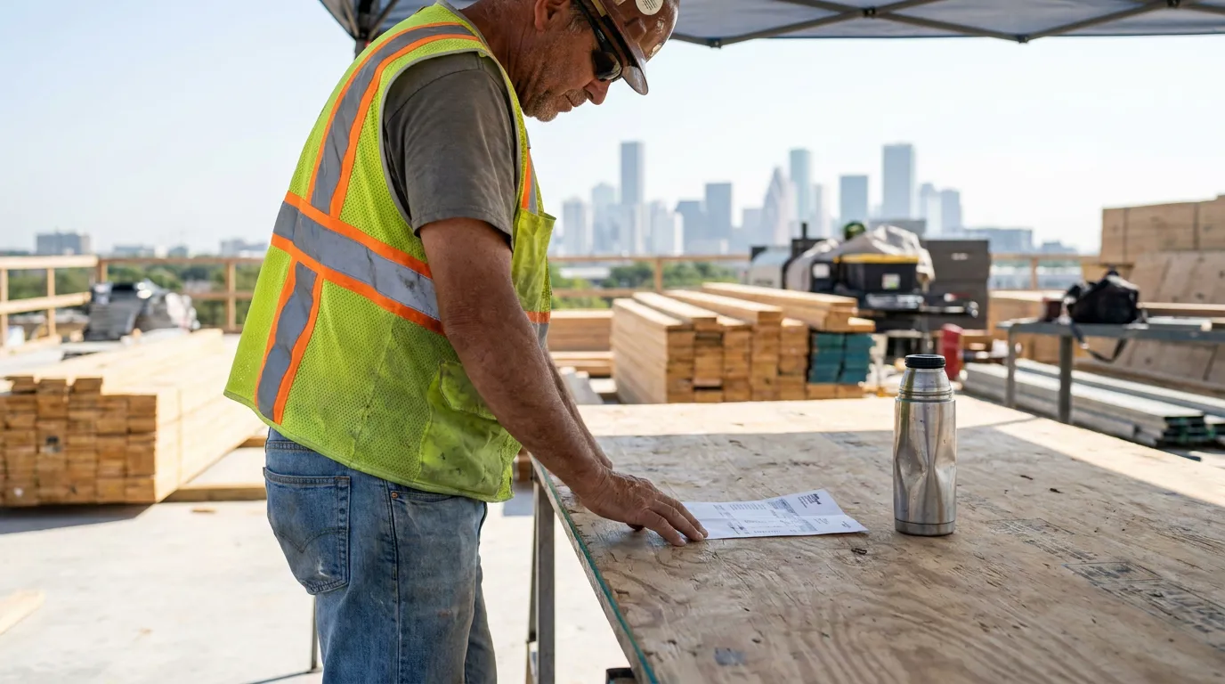 construction worker in hard hat reviewing documents on lumber at job site