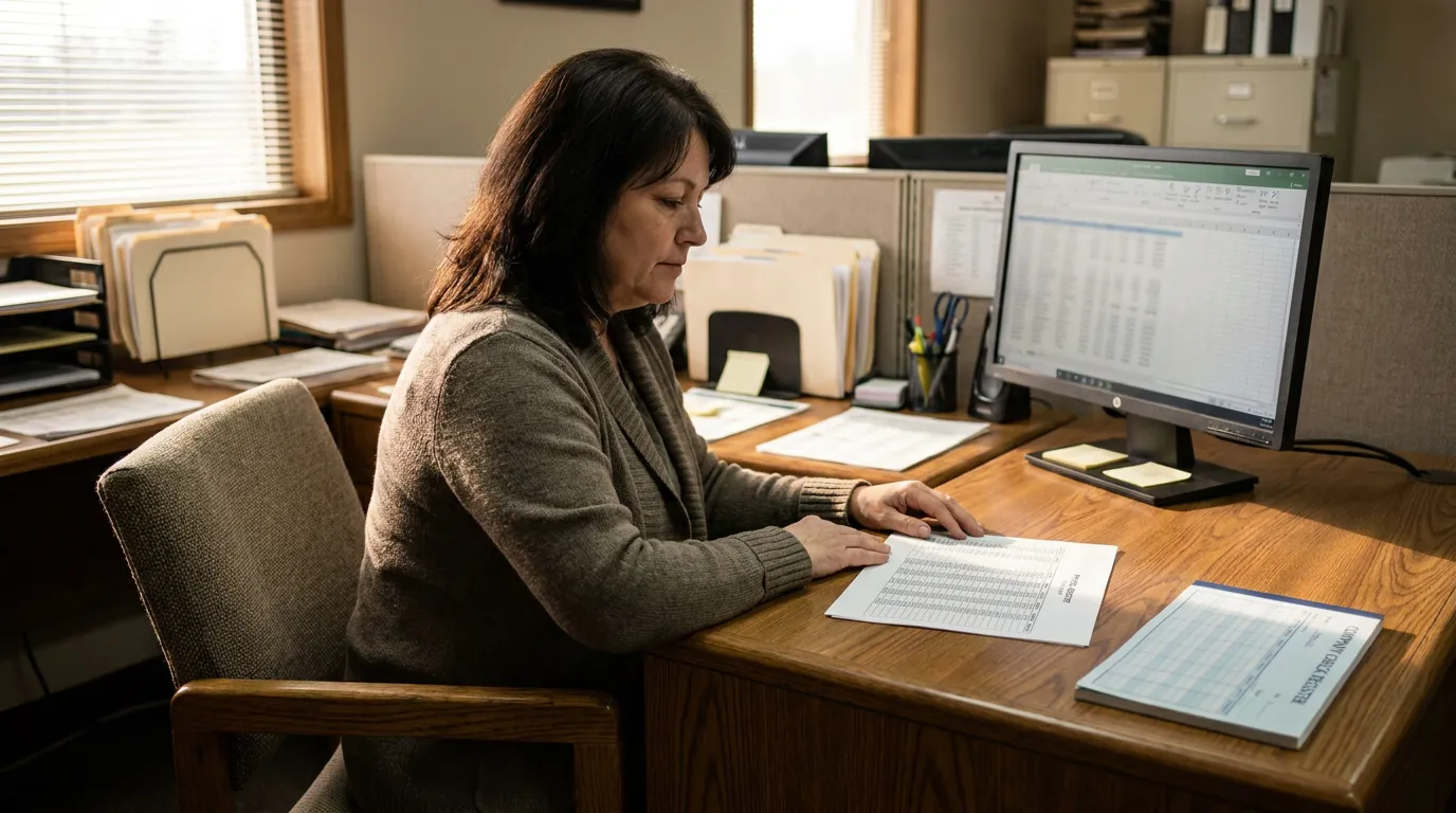 woman at office desk reviewing printed spreadsheet documents beside computer monitor