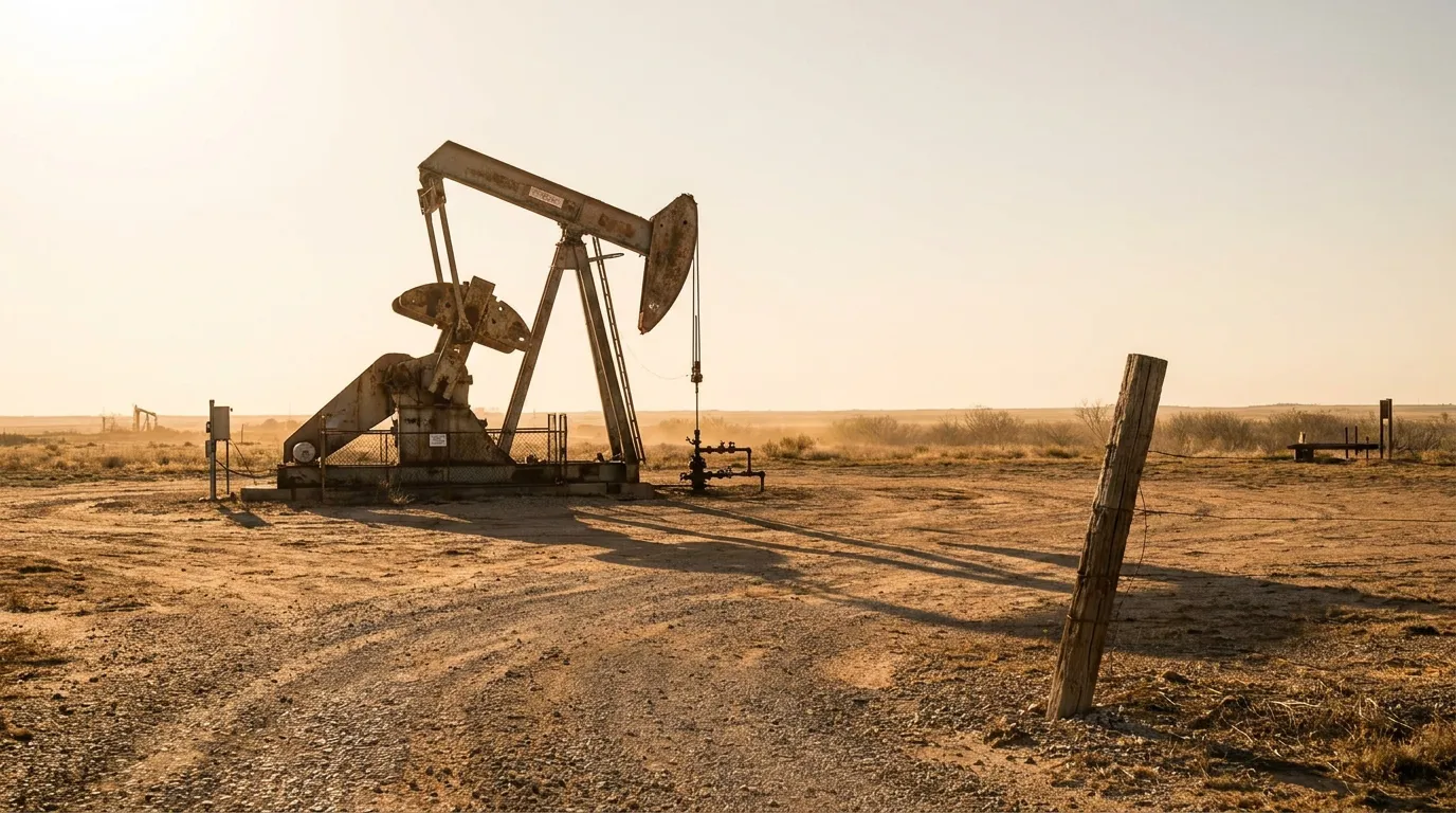 oil pump jack operating on arid open field at oilfield work site
