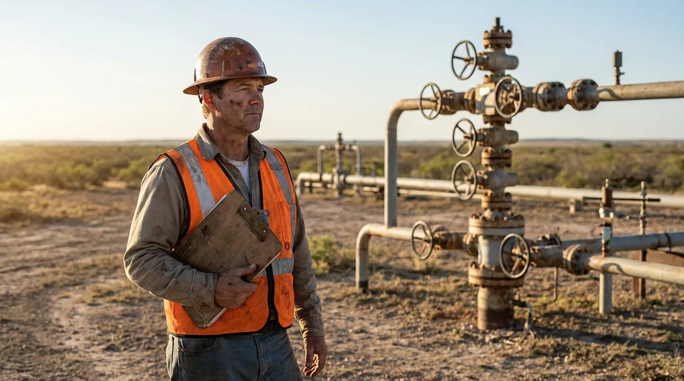 oil field worker wearing hard hat and safety vest holding clipboard near pipeline valves