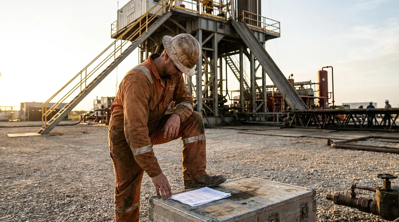 oil field worker in hard hat reviewing documents on equipment case near drilling rig