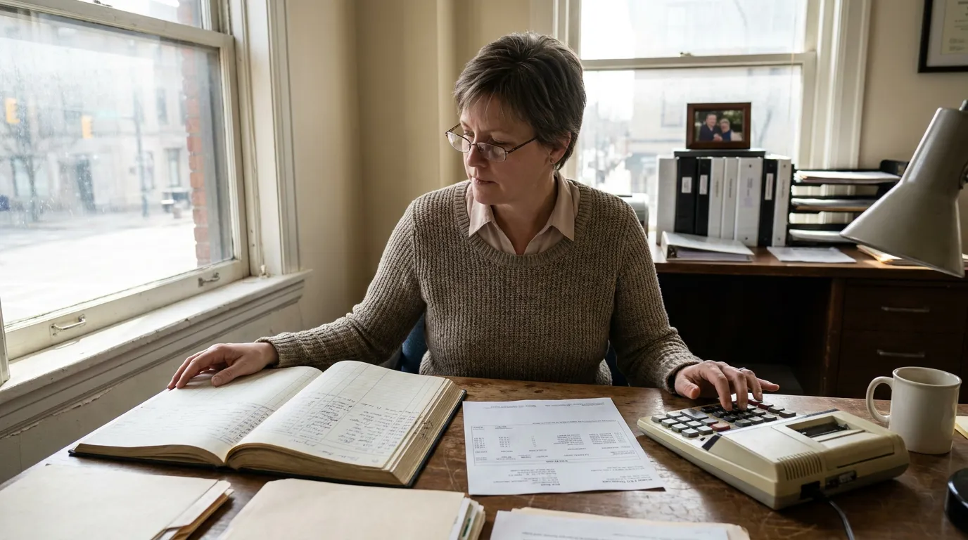 woman at desk reviewing open ledger and financial documents using calculator
