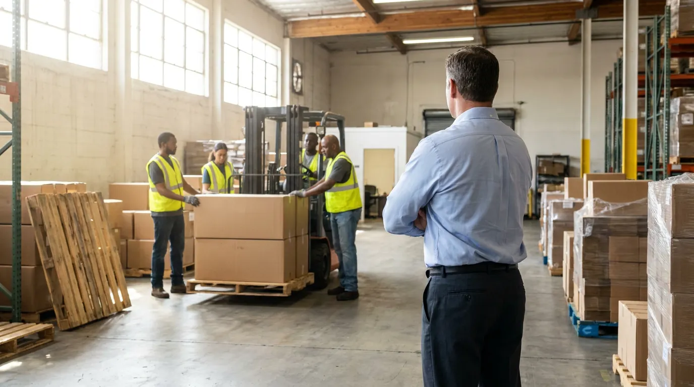 supervisor observing warehouse workers in safety vests operating forklift with large boxes