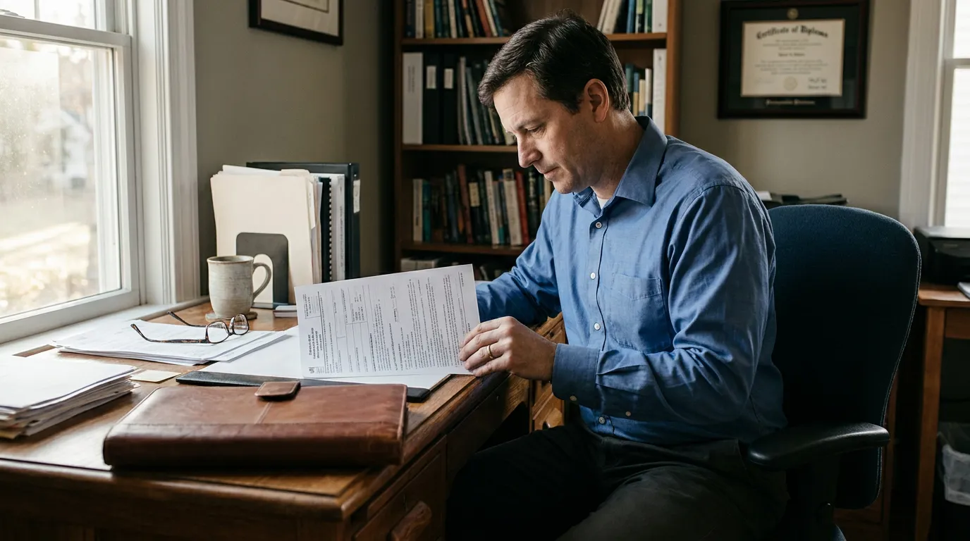 attorney seated at desk reviewing printed legal document with diploma on wall