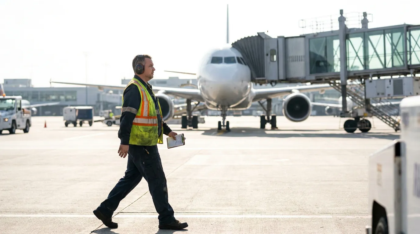 airport ground crew worker in safety vest carrying clipboard on tarmac near parked aircraft