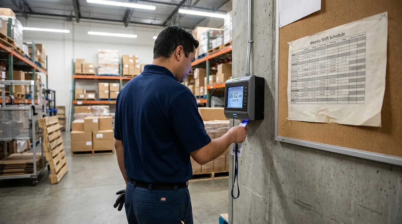 warehouse worker clocking in at digital time clock displaying 6:02 AM